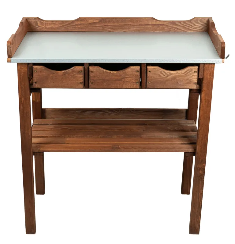 mgc24 Pflanztisch 78x38x82cm Kiefer dunkelbraun, verzinkte Arbeitsplatte mit 3 Schubladen - Garten Online Shop & Weber Grill Store Nur Für Kurze Zeit