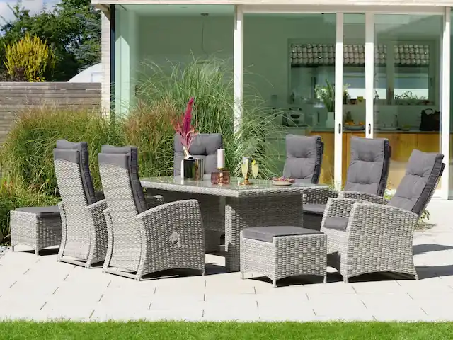 Garantierte Lieferung KONIFERA Garten-Essgruppe »Monaco« Set, 6x Sessel, 2x Hocker, 1x Tisch 200x100x74cm, inkl. Auflagen, 17 Stk. tlg. Polyrattan, Aluminium, Rückenlehne verstellbar
