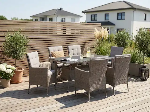 Begrenztes Angebot KONIFERA Garten-Essgruppe »Mailand« Set, 6x Sessel, 6x Sitzauflagen, 6x Rückenauflagen, 1x Tisch, 19 Stk. tlg. Tischplatte aus Sicherheitsglas, Staufläche unter dem Tisch