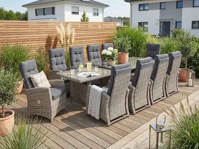 KONIFERA Garten-Essgruppe »Monaco« Set, 10x Sessel, 1xTisch 200-366x100x75,5cm, inkl. Auflagen, Polyrattan,Alu, 31 Stk. tlg. Rückenlehne verstellbar, Tischplatte aus 5mm starkem Sicherheitsglas Wochenendangebot