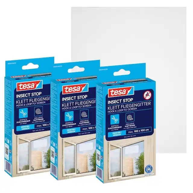 tesa Fliegengitter-Gewebe »für Fenster - Insektenschutz - 100 x 100 cm« Packung, Fliegennetz, Klettband, 3 Stk. tlg. mit Klettband, zuschneidbar - Mückenschutz ohne Bohren Preisknaller