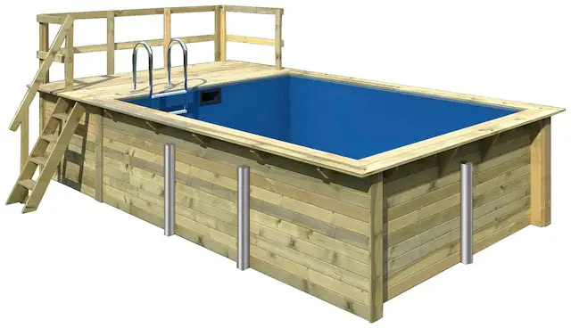 Karibu Rechteckpool »Holzpool Roma A BxLxH: 353x400x124 cm mit Sonnendeck« 44 mm starke kesseldruckimprägnierte Holzbohlen aus Fichtenholz Sofort Bestellen