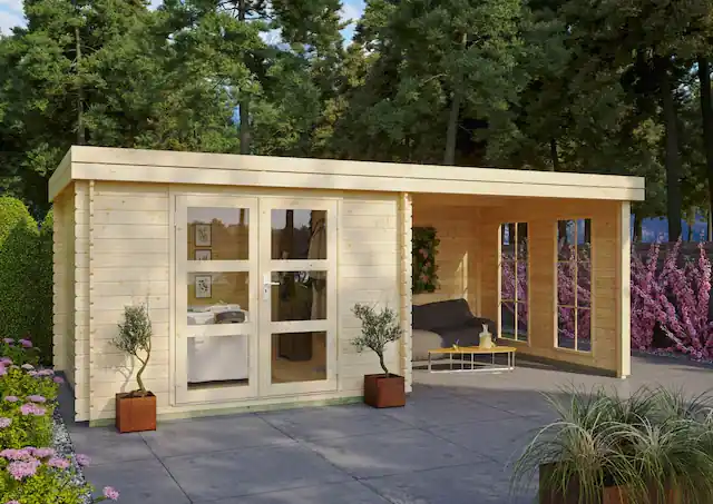 KONIFERA Gartenhaus »Acrux aus skandinavischem Fichtenholz, Wandstärke 28 mm« mit seitlichem Anbau, inklusive Fußboden Solange Der Vorrat Reicht