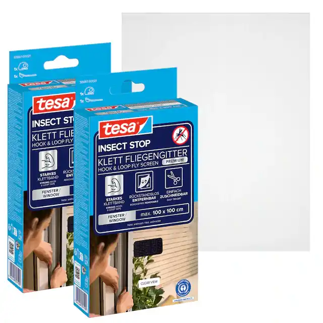 tesa Fliegengitter-Gewebe »Klett Fliegengitter Premium für Fenster, Insektenschutz mit Klettband« Packung, Fliegennetz, Klettband, Andrück und Schneidehilfe, 2 Stk. tlg. selbstklebende Insektenschutz 100 x 100cm Finale Aktion