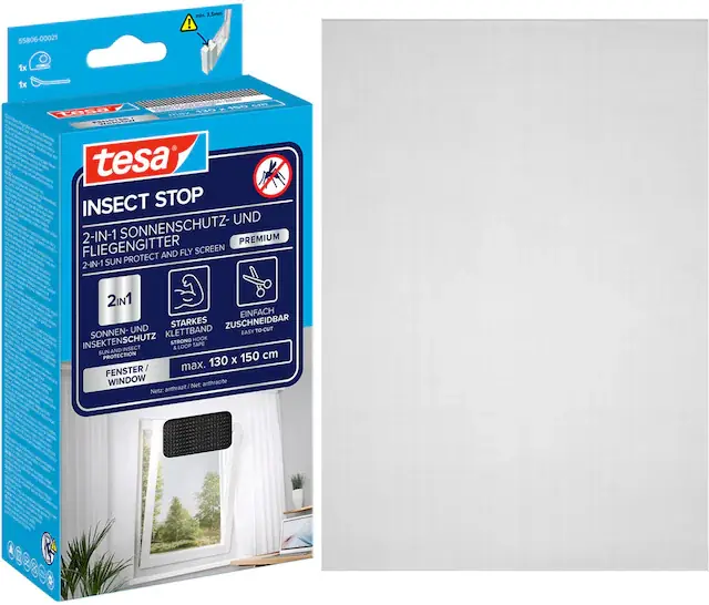 tesa Fliegengitter-Gewebe »2-in-1 Sonnenschutz- und Fliegengitter Premium für Fenster« Packung, Fliegennetz, Klettband, 1 Stk. tlg. INSECT STOP Fliegen Netz ohne Bohren - 130 cm x 150 cm Highlight
