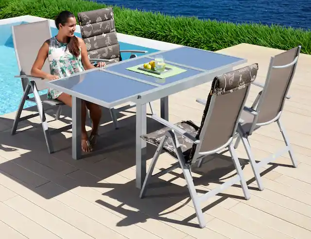 Saisonangebot MERXX Garten-Essgruppe »Amalfi« 5 Stk. tlg. 4 Klappsessel, Tisch ausziehbar 90x120-180 cm, Alu/Textil