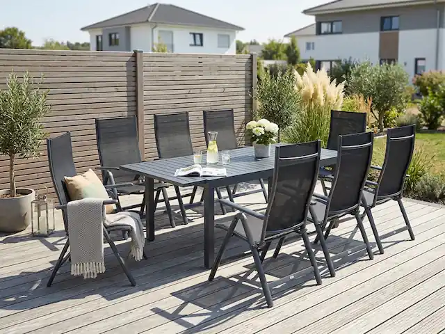 Knallerangebot KONIFERA Garten-Essgruppe »Palermo« 8x Sessel, 1x AZ-Tisch 160-240x100 cm, Aluminium, Textilgewebe, 9 Stk. tlg. klappbar, 7-fach verstellbare Rückenlehne, Tischplatte aus Alulatten