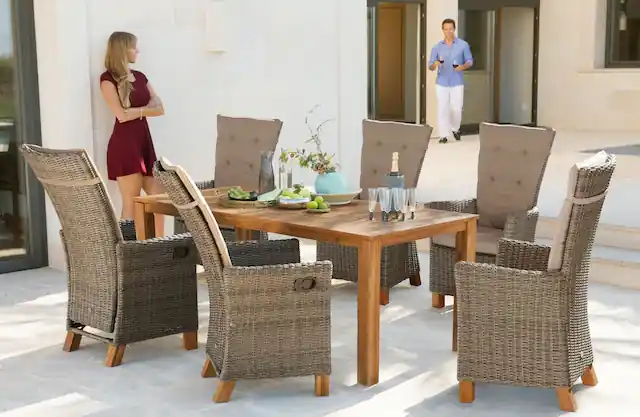 Direkt Vom Hersteller MERXX Garten-Essgruppe »Toskana Deluxe« 6 Hochlehner Sessel, 1 Tisch 185x90 cm, inkl. Auflagen, 13 Stk. tlg. Aluminium, Polyrattan, Akazienholz FSC 100 %, geeignet für 6 Personen