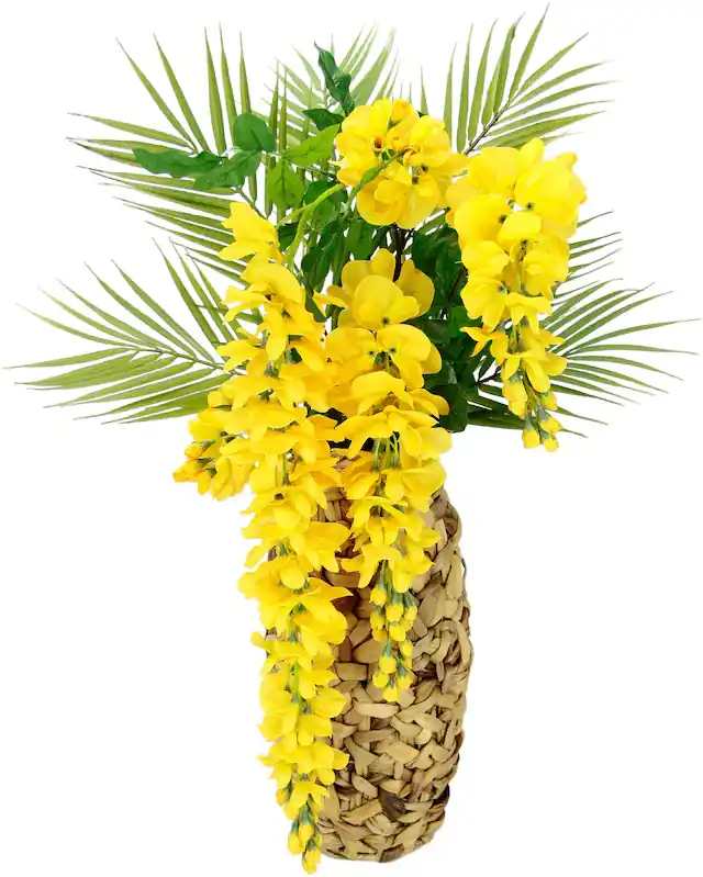 Kostenfreie Lieferung I.GE.A. Kunstblume »Blumenarrangement Goldregen mit Palmenzweige« Vase aus Wasserhyazinthe