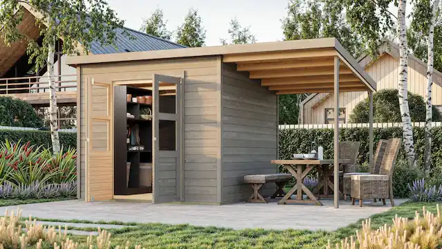 Begrenztes Angebot Karibu Gartenhaus »"Merseburg 6" vorvergraut mit Anbaudach« aus Fichtenholz, farbig lasiert
