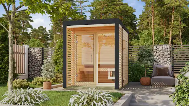 Karibu Saunahaus »»Adrian 1« naturbelassen/anthrazit« in verschiedenen Ausführungen erhältlich, Ofen 9 kW externe Strg easy Super-Preis