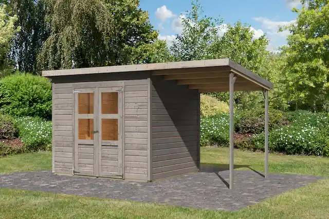 Karibu Gartenhaus »»Merseburg 5« vorvergraut mit Anbaudach« aus Fichtenholz, farbig lasiert Rabatt