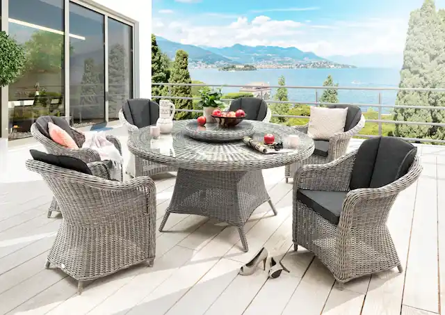 Kostenfreie Lieferung Destiny Garten-Essgruppe »MALAGA LUNA« Set, 1 Tisch, 6 Sessel, 1x Drehteller, 7 Stk. tlg. (Set,19-tlg., 6xSessel, 1 Tisch Ø 150x75 cm), Aluminium, Polyrattan
