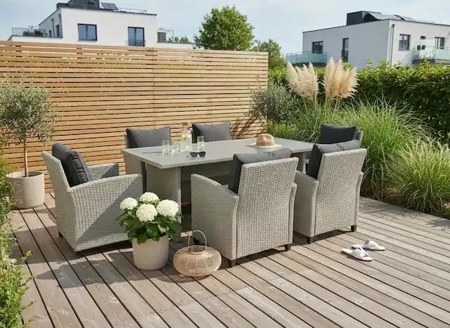 KONIFERA Garten-Essgruppe »Amsterdam« Set, 6x Sessel, 6x Sitzauflagen, 6x Rückenauflagen, 1x Tisch, 19 tlg. tlg. bestehend aus 6 Sesseln, 12 Sitz- und Rückenkissen und 1 Tisch Garantierte Lieferung