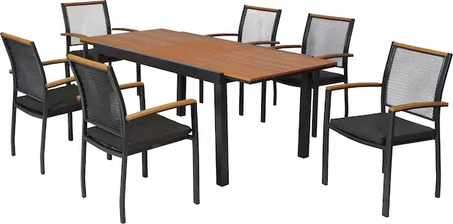 MERXX Garten-Essgruppe »Itanos« Set, 13 tlg. inkl. 6 Stapelsessel. 6 Auflagen, 1 Ausziehtisch Direktkauf