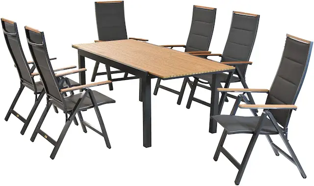 MERXX Garten-Essgruppe »»Verona«« Set, 7 Stk. tlg. Armlehnen, Rückenabschluss und Tischplatte aus Kunststoff in Holzoptik Preiswert