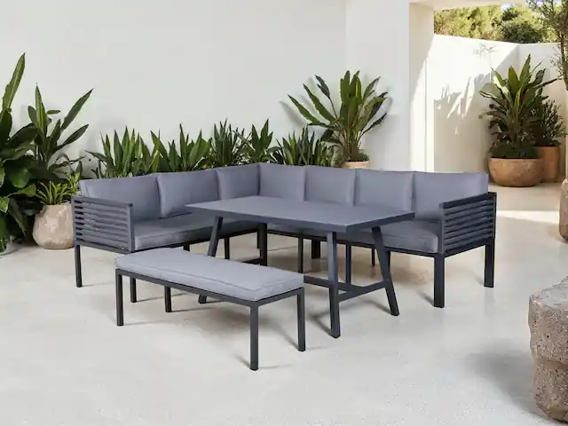 KONIFERA Gartenlounge-Set »Ecklounge »Edessa«« Set, 2x 3er Sofa, Tisch 70x140x69 cm, 1 Sitzbank, inkl. Auflagen, 14 Stk. tlg. Armlehne mit Seilgeflecht und Nonwood-Latten Jetzt Bestellen