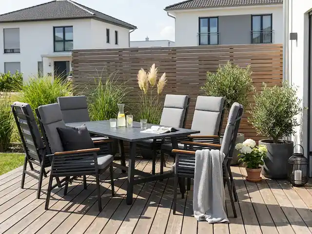 Kostenloser Rückversand KONIFERA Garten-Essgruppe »Edessa Komfort« Set, 6x Stuhl mit Rückenverstellung, 1x Tisch 180x97x74 cm, inkl. Auflagen, 13 Stk. tlg. Tischplatte aus Alu-Lamellen,Armlehne mit Seilgeflecht&Noonwood-Latten