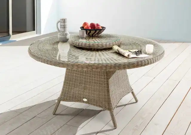 Zertifiziert Destiny Garten-Essgruppe »»MALAGA LUNA«« Set, 1 Tisch Ø mit Drehteller, 4 Sessel, 5 Stk. tlg. inkl. Auflagen