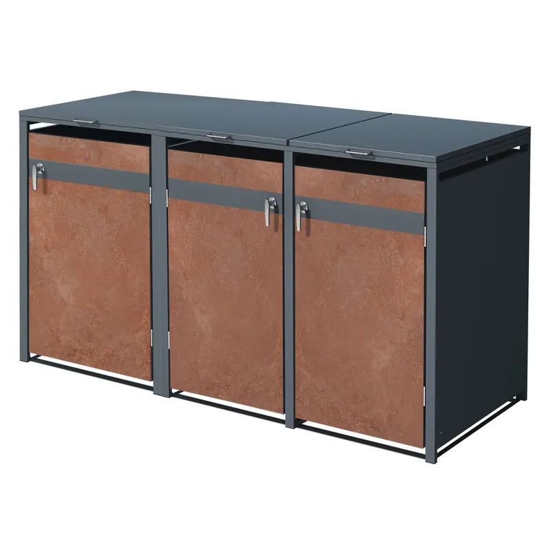 Mülltonnenbox 3er Mülltonnen, 240L, 200 x 80 x 116,3 cm, Anthrazit-Rostoptik, aus Stahl, Wetterfest Kostenfreie Lieferung