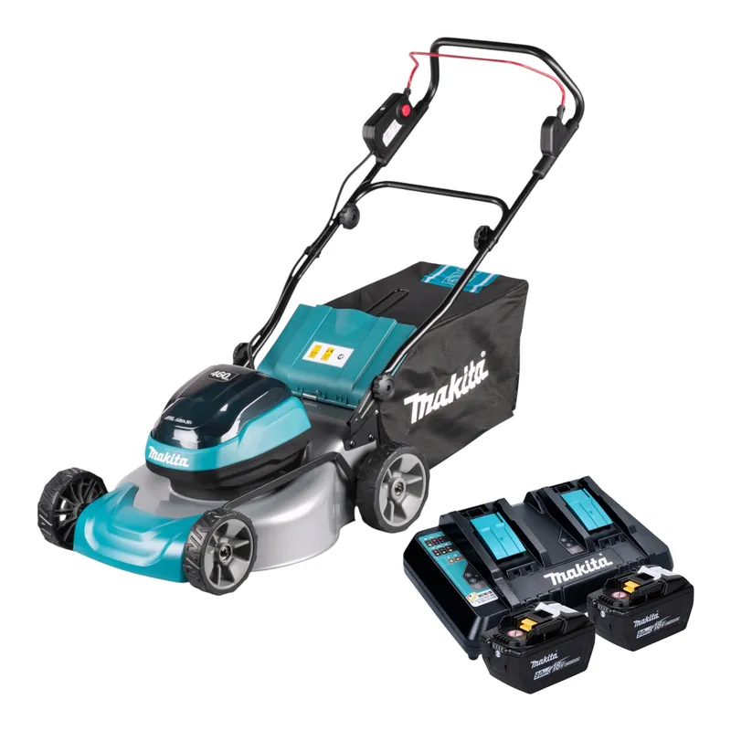 Ausverkauf Makita DLM 466 Z Akku Rasenmäher 36 V ( 2x 18 V ) 46 cm Brushless + 2x Akku 9,0 Ah + Ladegerät