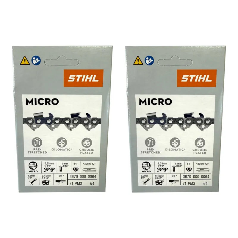Stihl 2x 1/4" Picco Micro 3 (PM3) Sägekette 30 cm 1/4" P 1,1 mm 64 TG 2 Stück ( 2x 36700000064 ) Zertifiziert