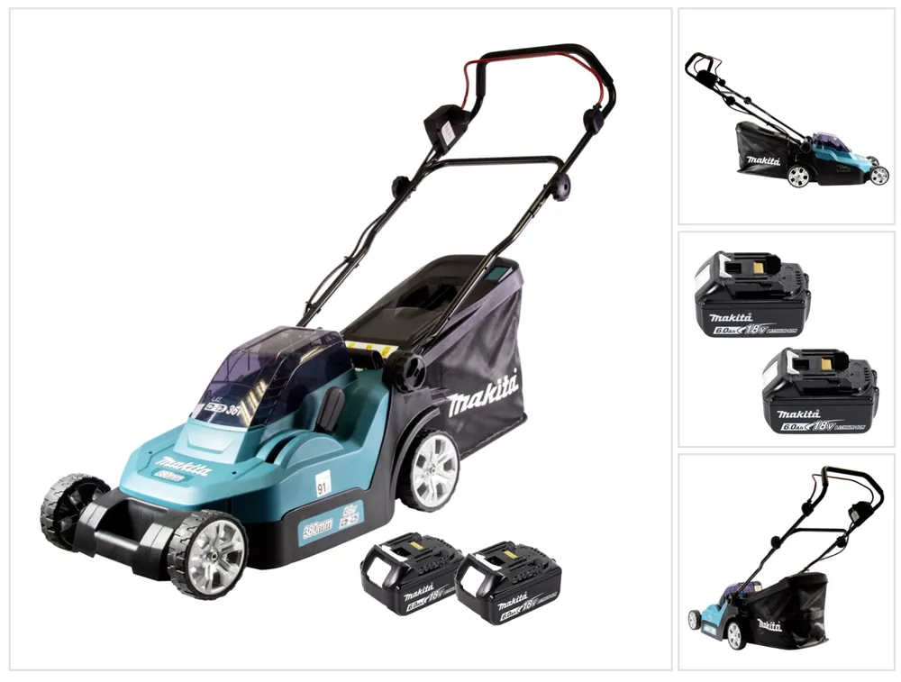 Finale Aktion Makita DLM 382 G2 Akku Rasenmäher 36 V ( 2x 18 V ) 38 cm 40 l + 2x Akku 6,0 Ah - ohne Ladegerät