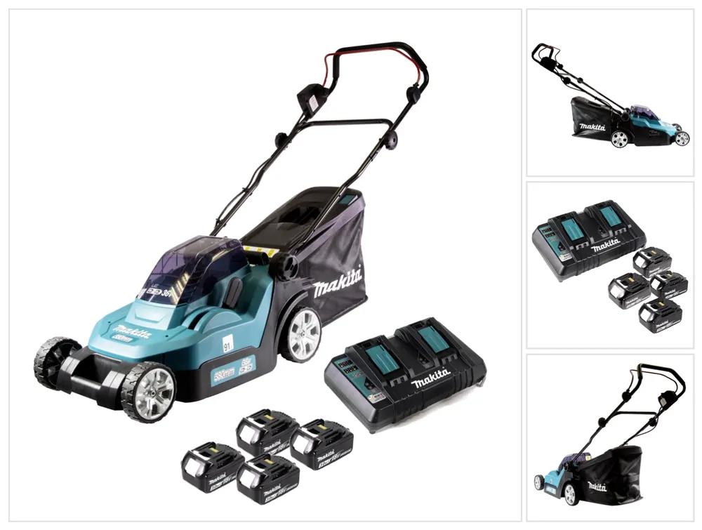 Makita DLM 382 PF4 Akku Rasenmäher 36 V ( 2x 18 V ) 38 cm 40 l + 4x Akku 3,0 Ah + Doppelladegerät Nur Heute