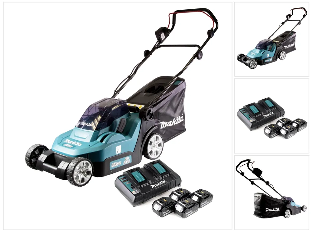 Makita DLM 432 PG4 Akku Rasenmäher 36 V ( 2x 18 V ) 43 cm + 4x Akku 6,0 Ah + Doppel Ladegerät Sonderaktion