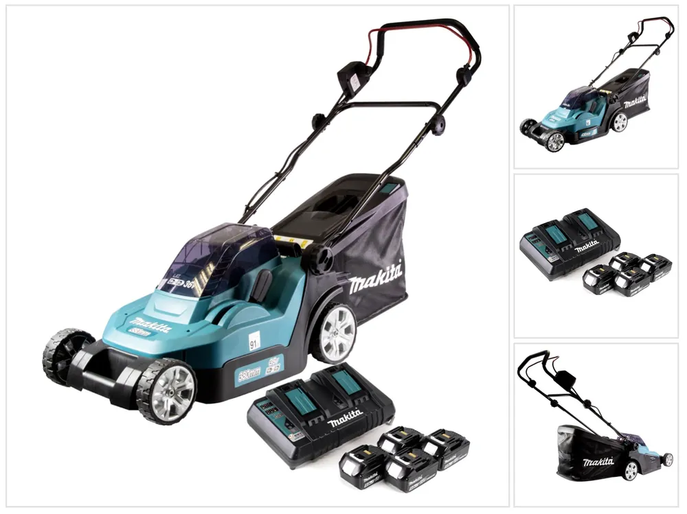 Heißes Angebot Makita DLM 432 PT4 Akku Rasenmäher 36 V ( 2x 18 V ) 43 cm + 4x Akku 5,0 Ah + Doppel Ladegerät