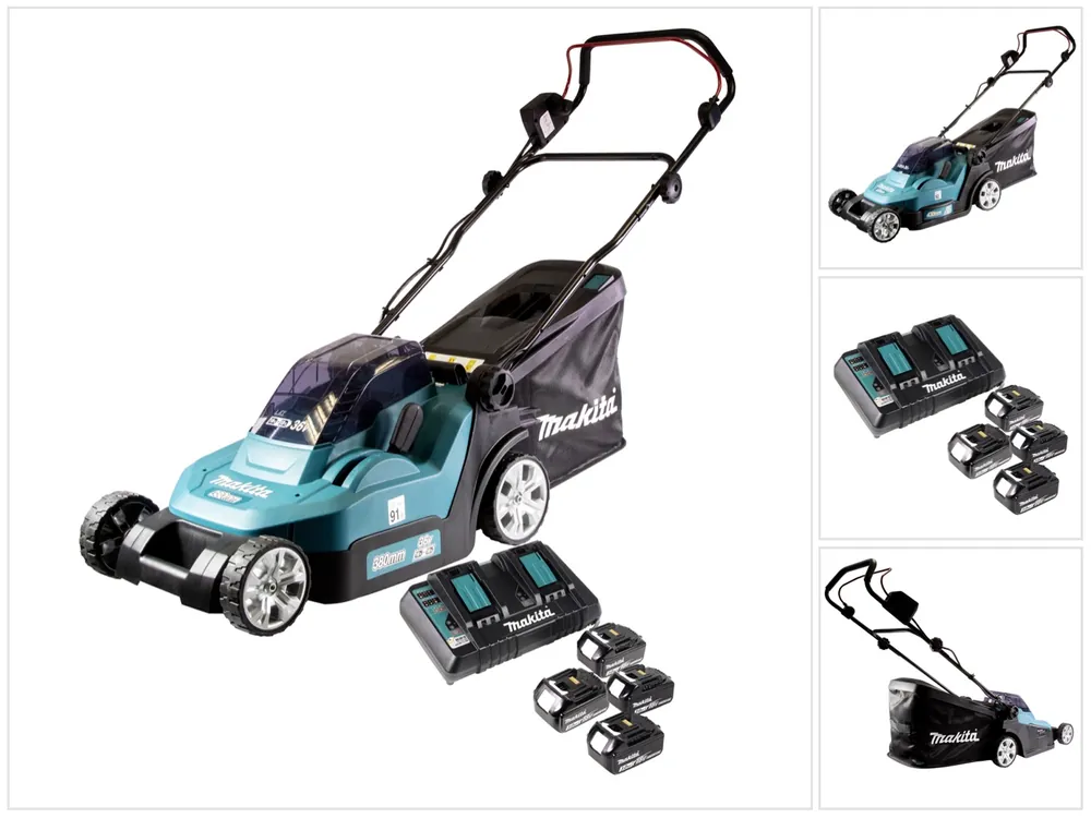 Preisreduziert Makita DLM 432 PF4 Akku Rasenmäher 36 V ( 2x 18 V ) 43 cm + 4x Akku 3,0 Ah + Doppel Ladegerät