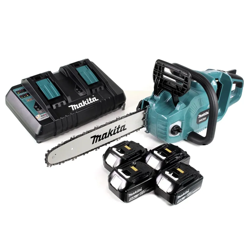 Aktuell Makita DUC 353 PT4 Akku Kettensäge 36V ( 2x18V ) Brushless 35 cm + 4x 5,0 Ah Akku + Doppelladegerät