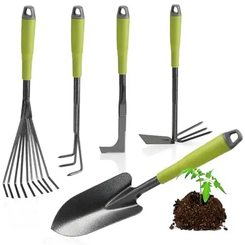 Direktkauf com-four® 5-teiliges Garten-Werkzeug-Set – Gartenset mit Doppelhacke, Kleingrubber, Fugenkratzer, Handrechen, Blumenkelle – Gartenwerkzeug für Pflanzen und Gartenarbeit