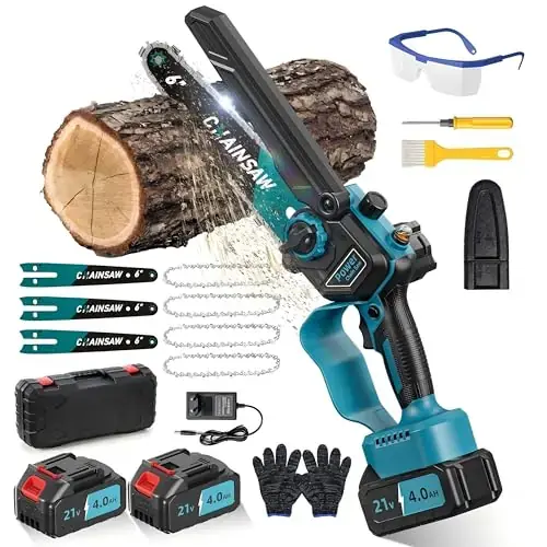 VIWKO Mini-Akku-Kettensäge 6 Zoll mit bürstenlosem Motor (Inkl. 2x 4,0 Ah Akkus & 4 Ketten) Preisreduziert